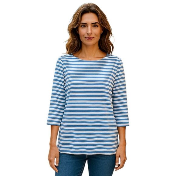 Jason Wu Women’s Scoop Neck Blue White Striped 3/4 Sleeve Top - Picture 1 of 5